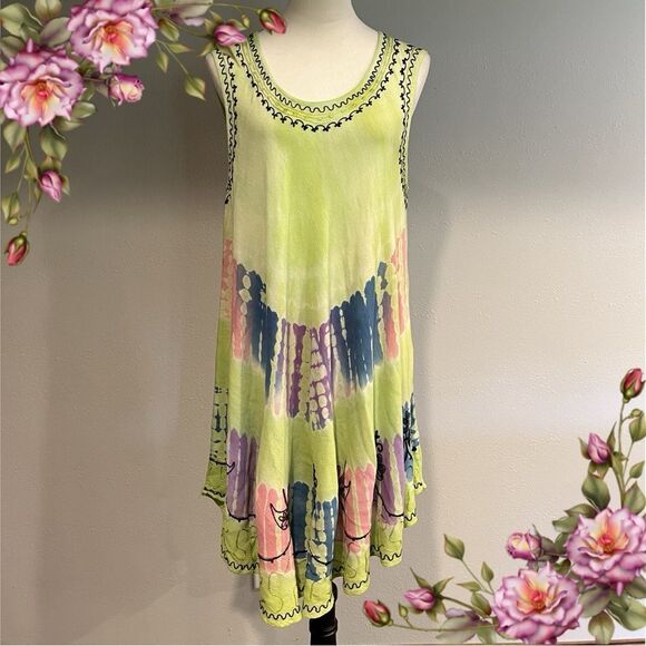 Embroidered scoop neck sleeveless tie dye knee length a-line swing dress - Picture 1 of 14